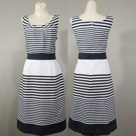 Banana Republic Sz 10 Black White Striped Fit Flare A Line Preppy Dress Pockets - Picture 1 of 12